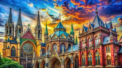 A mesmerizing illustration of Gothic architecture, highlighting elegant arches, towering spires, and intricately designed facade features, capturing the essence of its historical magnificence.