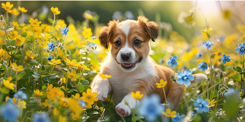 A playful puppy romping through a field of yellow daisies and blue forget-me-nots.