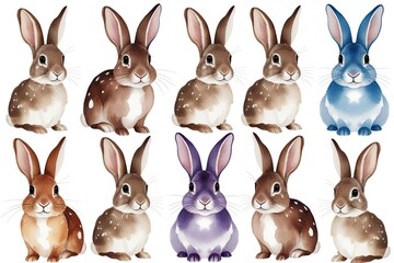 Fototapeta premium Vibrant Watercolor Illustrations of Spotted Rabbits on White Background