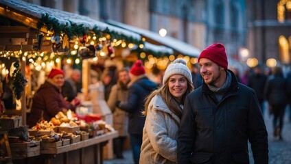 Obraz premium Enjoying Christmas Market, a couple walking near stalls