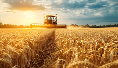 Fototapeta premium Sunset Wheat Harvesting with Combine Harvester in Golden Field design, Summer Agriculture Scene, Rural Farm Landscape design