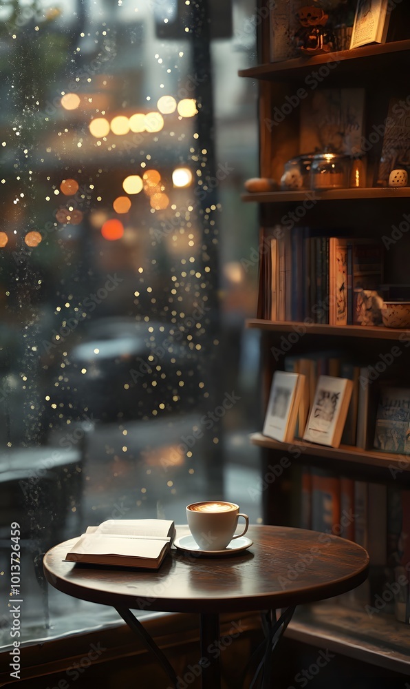 Aufkleber 3. **relaxed reading space:** depict a serene coffee shop setup with an empty table waiting for a bo