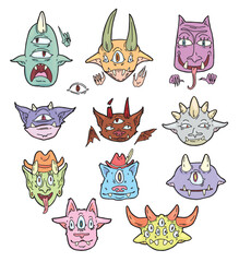 color vector set of drawn different funny monster faces