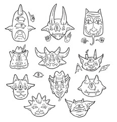 linear vector set of drawn different funny monster faces
