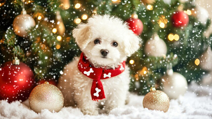 Adorable Bichon Frize in festive scarf by Christmas tree with dog bone ornaments and snow