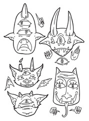 linear vector set of drawn different funny monster faces