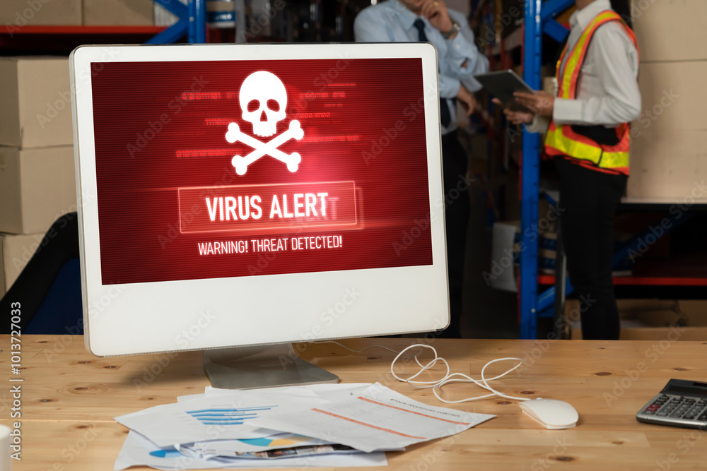 Poster virus warning alert on computer screen detected modish cyber threat , hacker, computer virus and mal