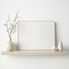 A minimalist scene featuring an empty frame on a light wooden shelf, paired with clean-lined vases and stems of flowers.