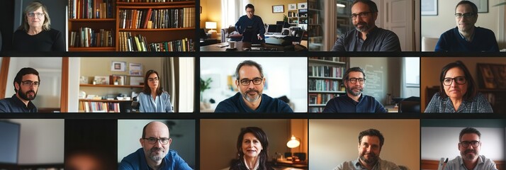 Several individuals are participating in a virtual meeting, each displayed in their own home office, engaged in conversation. Generative AI