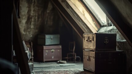 A shadowy attic frame with old trunks and furniture softly blurred in the background, creating a sense of forgotten history.