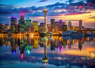 Fototapeta premium As the sun sets, the Seattle skyline sparkles with colorful lights, casting enchanting reflections on the water beneath, capturing the city's dynamic beauty at dusk.