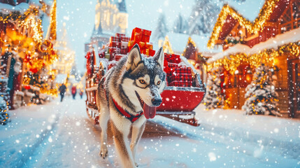 Majestic husky pulls a sleigh filled with Christmas presents through a snowy village