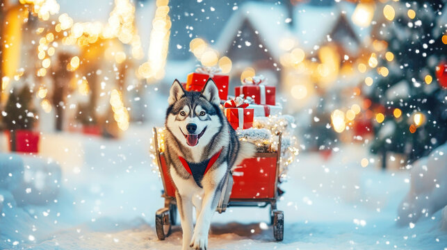 A stunning husky pulls a sleigh filled with Christmas gifts through a decorated snowy village - Powered by Adobe