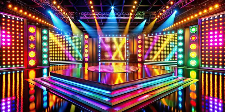 A vivid game show background adorned with brilliant lights and energetic patterns, designed to create a thrilling visual spectacle that engages and excites viewers.