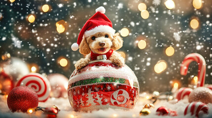 A joyful poodle dressed as an elf inside a giant Christmas ornament with sparkling decorations