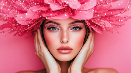 Naklejka premium Glamorous Woman with Bold Pink Floral Headpiece