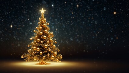 Golden Christmas tree isolated on stars sky background