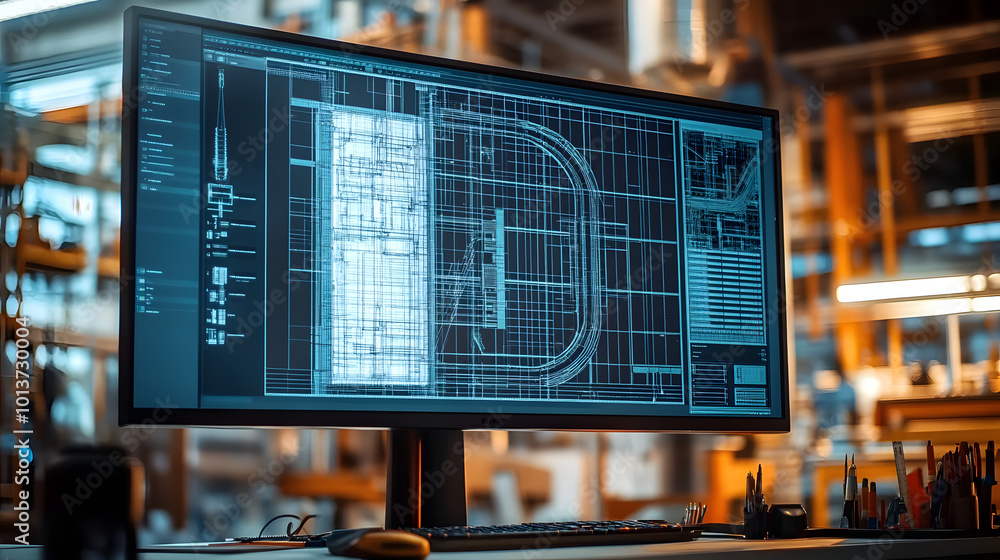 Poster a close-up, realistic image of a construction cad drawing on a large monitor, with various tools and