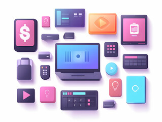 Fototapeta premium Flat Glossy Background of Floating Tech Gadgets with Eye-Catching Cyber Monday Discounts | Digital High-Tech Aesthetic for Modern Marketing