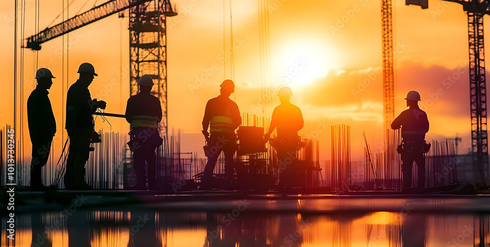 Poster engineer and construction team silhouettes working at site over blurred background with light fair. 