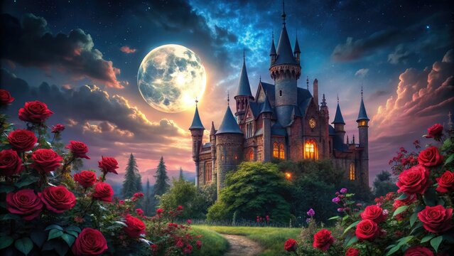 Beneath a moonlit sky, an enchanted gothic castle rises, dark roses flourishing around it, while a mysterious beast lurks in the shadowed night.