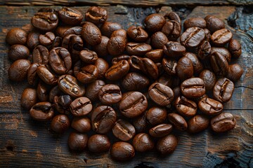 Fototapeta premium Freshly Roasted Coffee Beans on Rustic Wooden Table - Perfect for Cafe s and Coffee Lovers