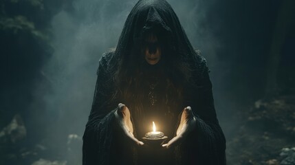 Glamorous Sorceress Holding a Mystic Candle in Darkness