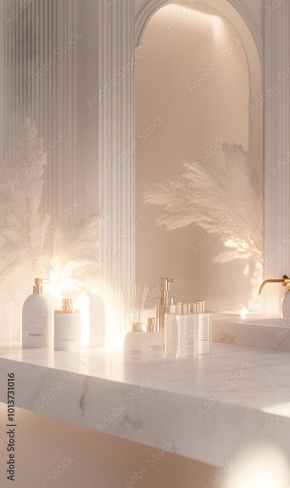 Poster 1. **elegant bathroom display:** create an image of a pristine white marble tabletop in a luxurious 
