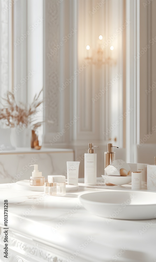 Poster 1. **elegant bathroom display:** create an image of a pristine white marble tabletop in a luxurious 