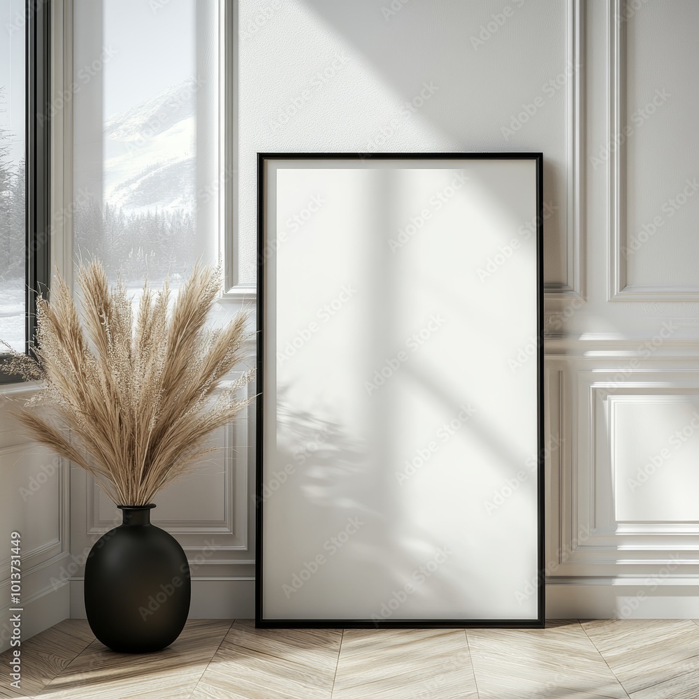 Poster a modern rustic room with a blank canvas, pampas grass, and natural light, creating a calm and simpl