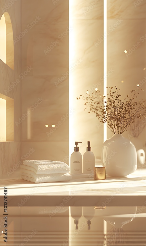 Poster 1. **elegant bathroom display:** create an image of a pristine white marble tabletop in a luxurious 
