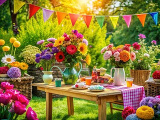 Fototapeta premium Bright and colorful garden party clip art showcasing beautiful flowers, lively decorations, and charming outdoor elements, ideal for making celebrations memorable and fun.