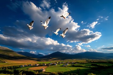 A flock of birds flying over a rural landscape, with fields and small houses below, capturing the freedom and openness of the countryside