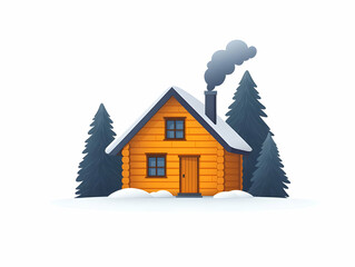 Fototapeta premium Cozy Flat Winter Cabin Icon with Smoke from Chimney on White Background - Perfect for Winter Travel Infographics and Cozy Themed Promotions