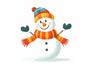Flat Floating Snowman with Colorful Scarf and Hat Isolated on White - Cute Winter Fun Illustration for Holiday Designs and Promotions