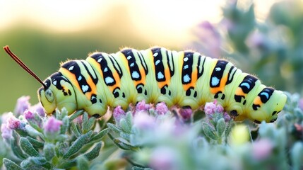 A green and black caterpillar with orange and white markings crawls on a stalk of small purple flowers.