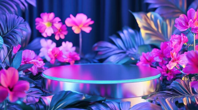 Futuristic metallic podium surrounded by neoncolored flowers, blending technology with nature - Powered by Adobe