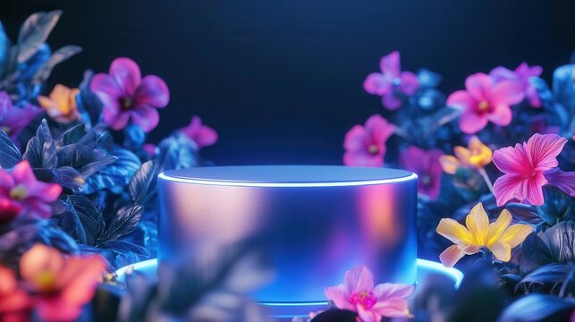 Futuristic metallic podium surrounded by neoncolored flowers, blending technology with nature