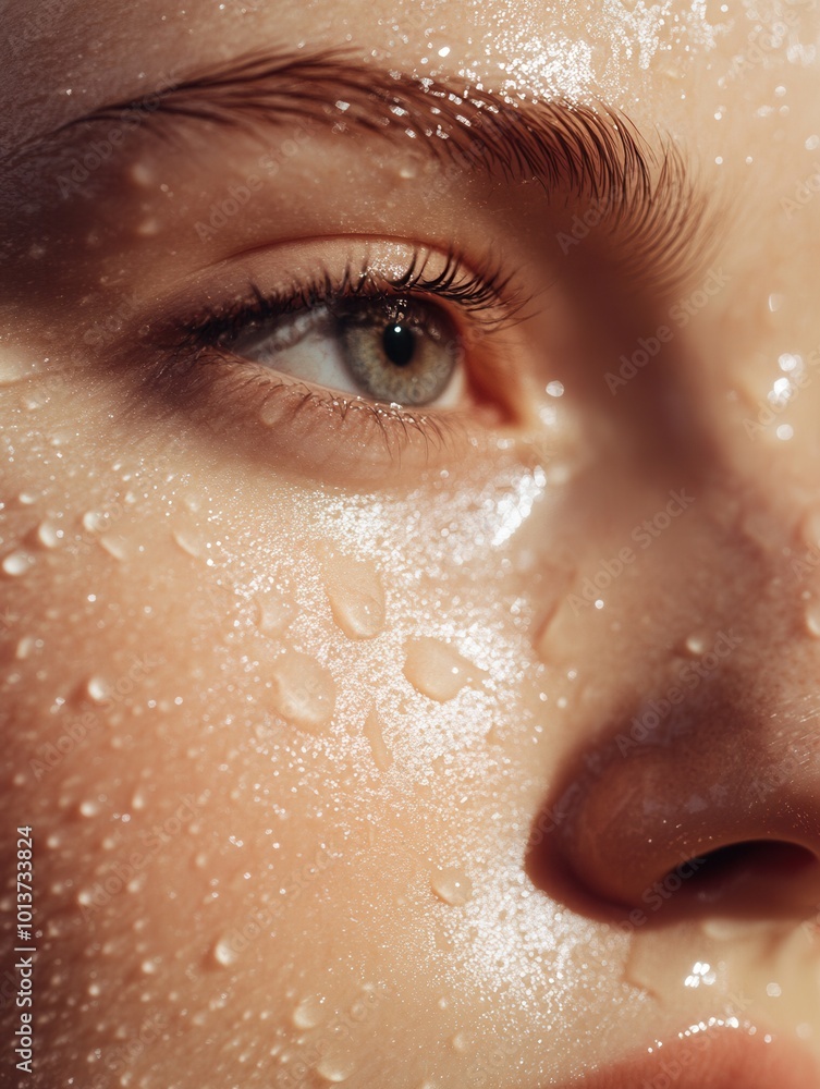 Aufkleber water droplets cling to the skin of a person, reflecting natural light and emphasizing the softness 