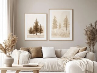Fototapeta premium The living room features nature-themed art above a plush sofa with earth-toned pillows, creating a soothing and peaceful ambiance.