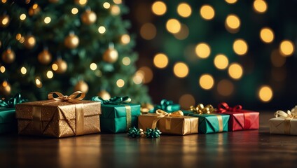 Holiday illumination and decoration concept at christmas time, bokeh lights over dark green background, christmas tree with presents