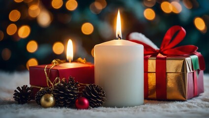 Holiday-themed still life with candles, Christmas decorations, and gifts, cozy