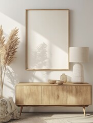 Large blank frame and pampas grass in peaceful, modern living room accentuate a sophisticated minimalist décor style.