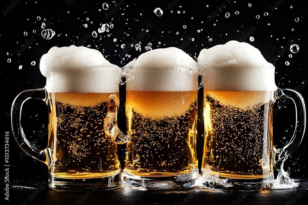 Wall mural beer in glasses on a wooden board on a large mug of cold beer with white foam. isolated on a black b