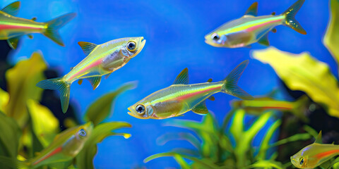 Naklejka premium Fish Finesse: A School of Neon Tetra Fish Swims Through a Planted Aquarium, Their Bright Colors Standing Out Against the Aqua Blue Backdrop