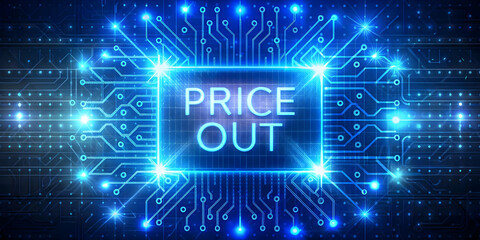 Glowing Abstract Price Cut Icon Surrounded by Floating Digital Particles for Cyber Monday Discounts | Modern Tech Design with Radiant Light Effects - Photo Stock Concept