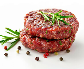 Raw beef burger cutlet isolated on white background. Marbled beef steak.