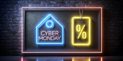 Fototapeta premium Cyber Monday Sale: Glowing Percentage Border and Floating Price Tag with Copy Space for Discounts � Futuristic Minimalist Design for Eye-Catching Promotions
