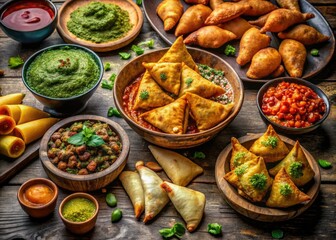 Colorful Array of Traditional Indian Snack Foods Including Samosas, Pakoras, and Chaat on Plate