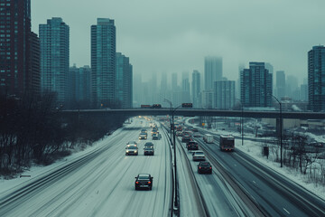 Fototapeta premium Traffic on Snowy Urban Highway
